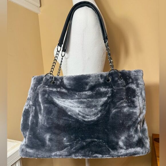 Handbags - NWOT Chic Faux Rabbit Fur Large Shoulder Bag Purse Color Gray